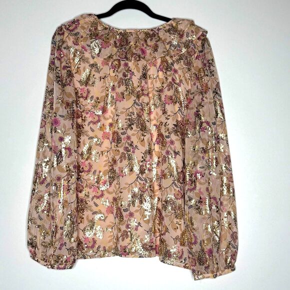 New LOFT Shimmer Floral Ruffle Tie Neck Blouse Women's Size XXL - Picture 2 of 7